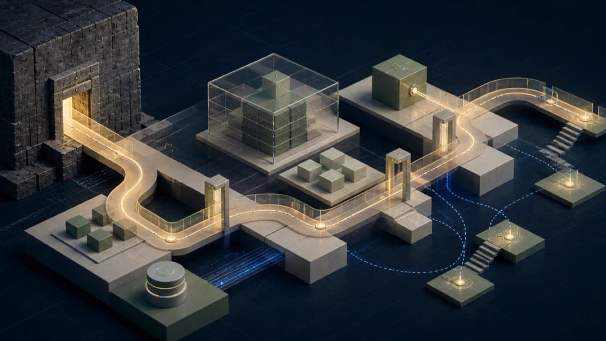 Algoza editorial graphic titled “Golden Paths Need Guardrails and Escape Hatches”, with a structured developer experience diagram on a deep navy field with sage accents.