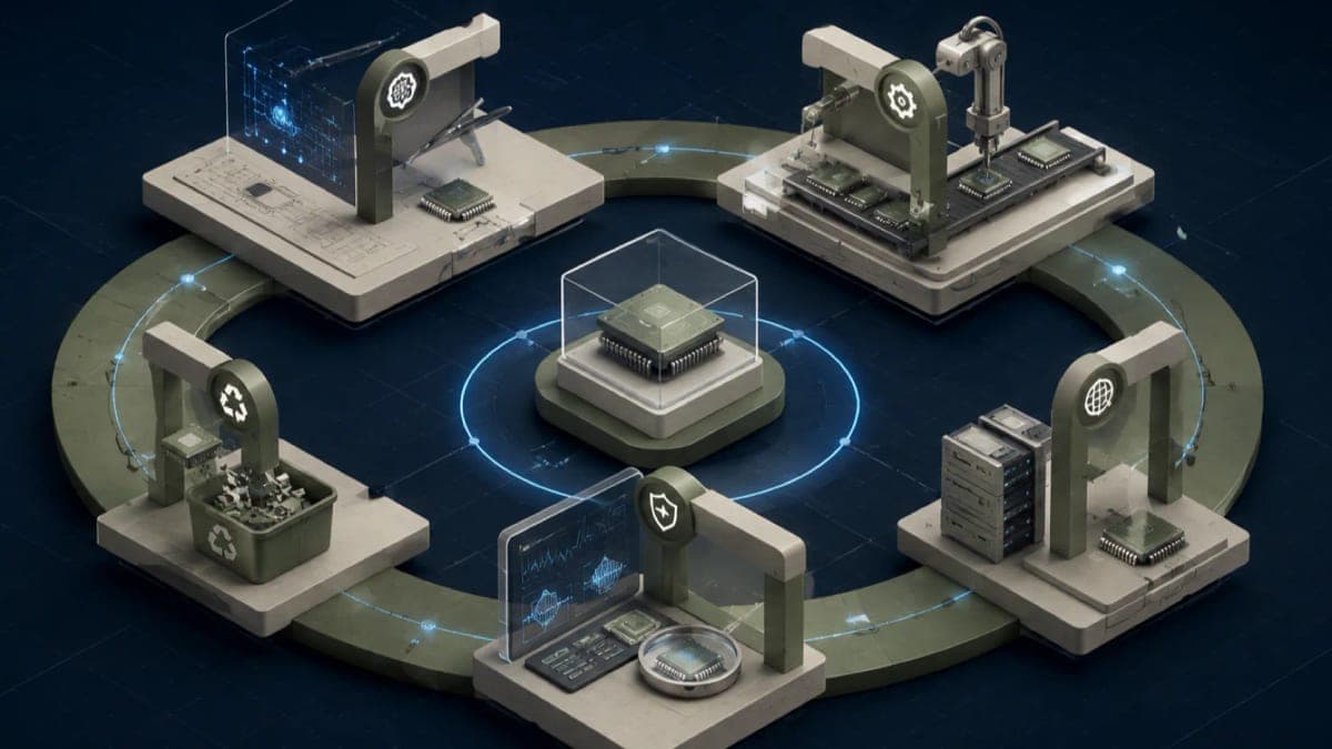 Algoza editorial graphic titled “Secure Hardware Is a Lifecycle Problem”, with a structured cybersecurity diagram on a deep navy field with sage accents.