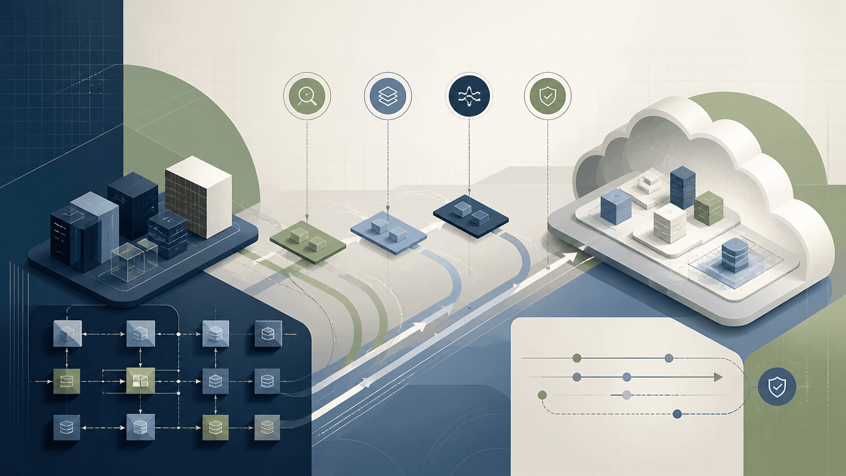Business workloads moving through phased cloud migration and controlled cutover paths