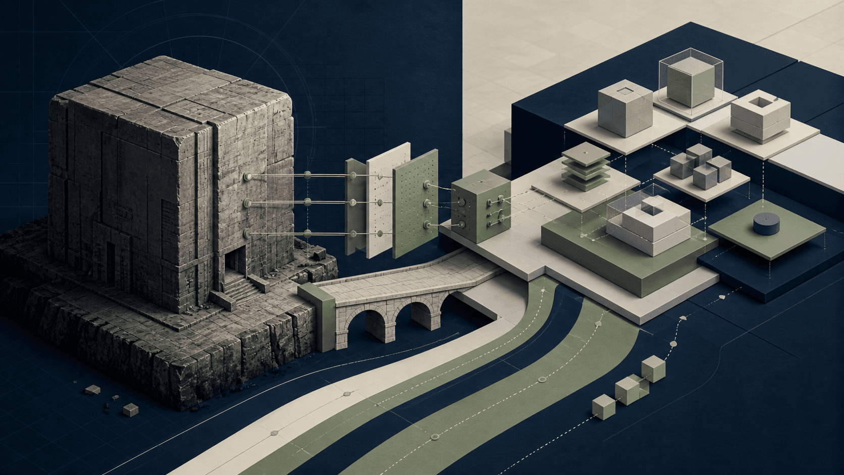Legacy software connected to modern modular layers through phased migration paths