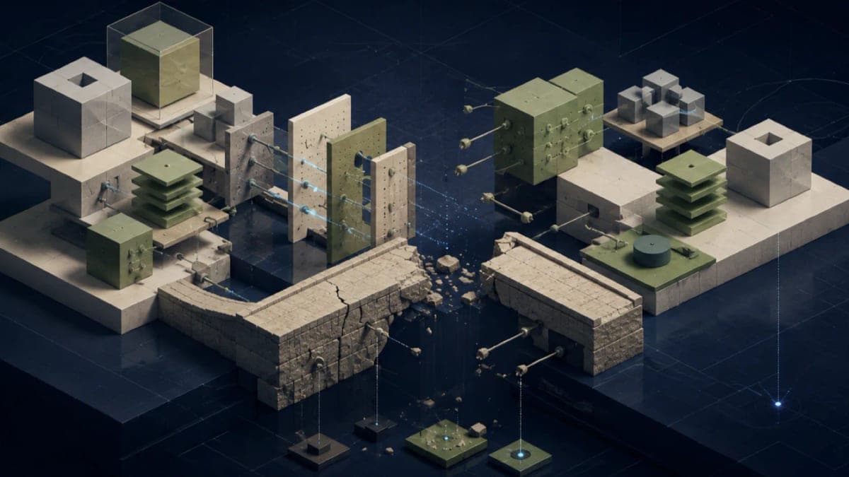 Algoza editorial graphic titled “Why Integrations Fail Even When Every API Is Available”, with a structured enterprise integration diagram on a deep navy field with sage accents.