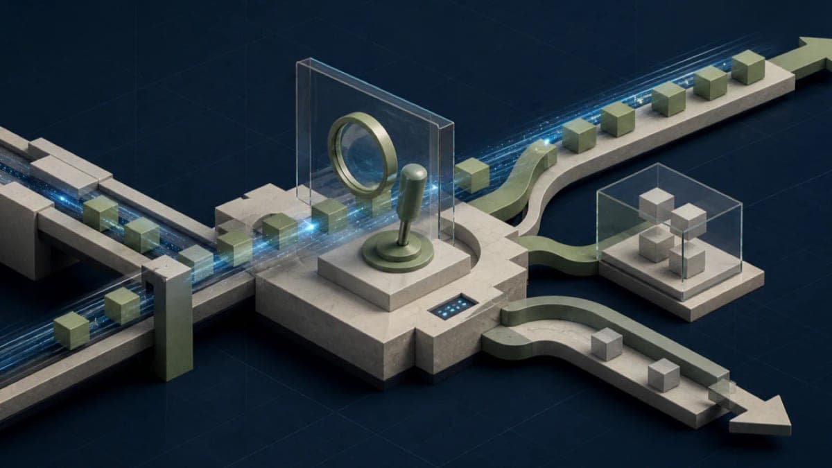Algoza editorial graphic titled “Human Oversight That Works Under Real Operating Pressure”, with a structured AI governance diagram on a deep navy field with sage accents.