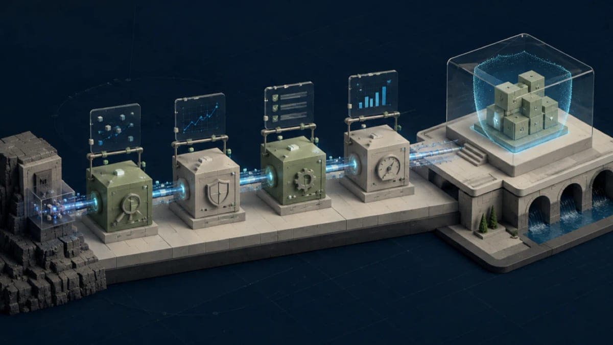 Algoza editorial graphic titled “Connect Delivery Metrics to Business Outcomes”, with a structured engineering leadership diagram on a deep navy field with sage accents.