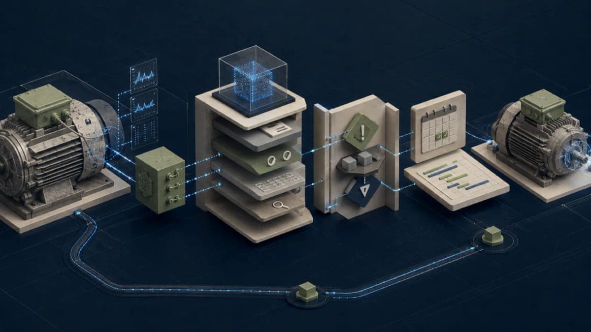 Algoza editorial graphic titled “Predictive Maintenance Starts With Work-Order Discipline”, with a structured asset operations diagram on a deep navy field with sage accents.