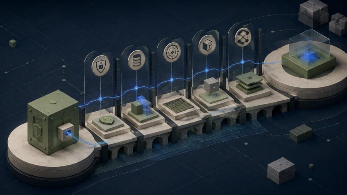 Algoza editorial graphic titled “Supplier Due Diligence for ICT: Five Evidence Areas”, with a structured technology procurement diagram on a deep navy field with sage accents.
