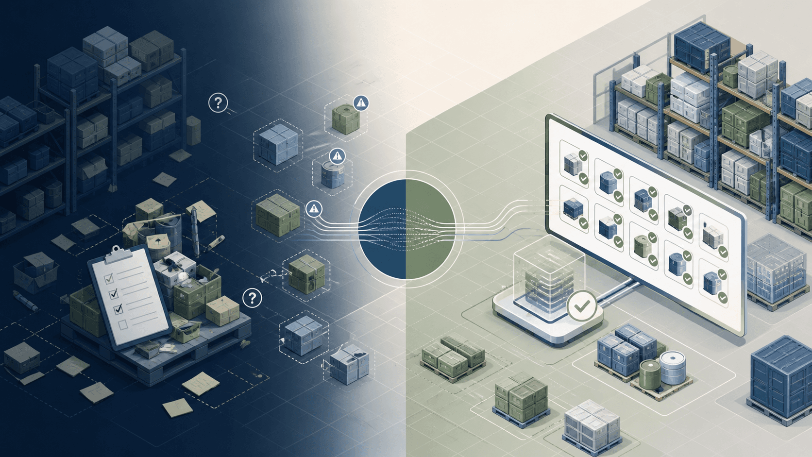 Warehouse inventory records being reconciled into a verified system of record