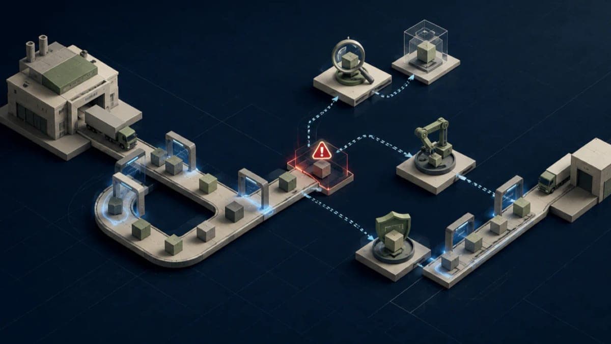 Algoza editorial graphic titled “Design Supply-Chain Systems Around Exceptions”, with a structured supply-chain technology diagram on a deep navy field with sage accents.