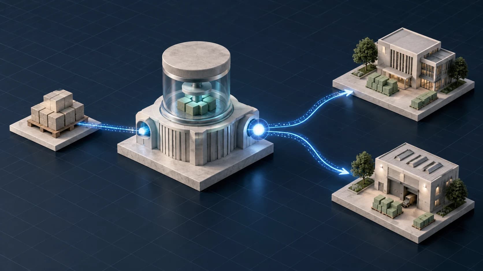 Photorealistic isometric editorial scene: A business event hub sending a change to two operational consumers, in pale stone and muted sage on a navy technical grid.