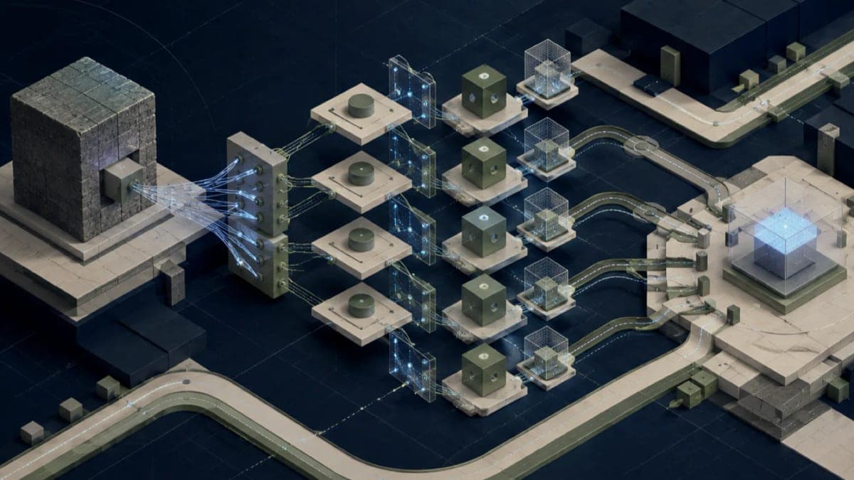Algoza editorial graphic titled “Evaluate the Decision, Not Only the AI Model”, with a structured AI engineering diagram on a deep navy field with sage accents.