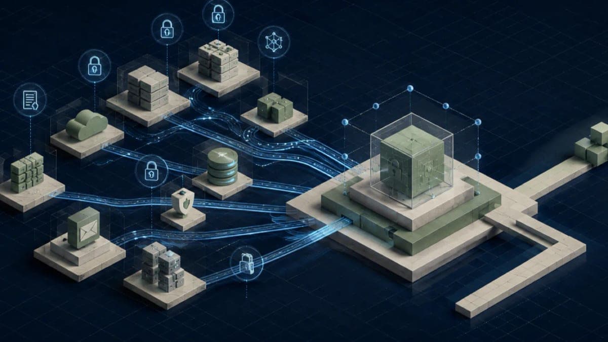 Algoza editorial graphic titled “Post-Quantum Migration Starts With Cryptographic Inventory”, with a structured cybersecurity diagram on a deep navy field with sage accents.