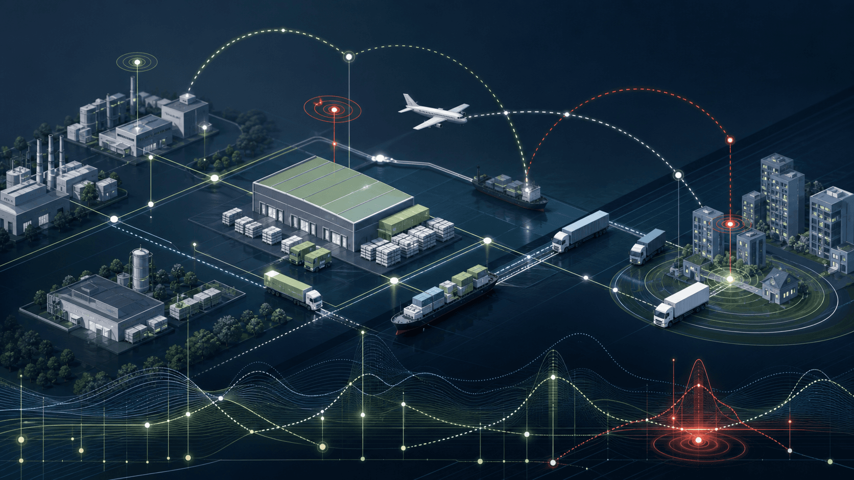Live supply chain network connecting suppliers, inventory, transport and delivery