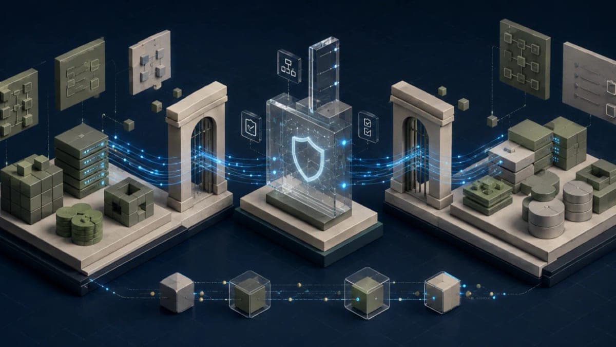 Algoza editorial graphic titled “Data Contracts: A Practical Boundary for Reliable Integrations”, with a structured data reliability diagram on a deep navy field with sage accents.