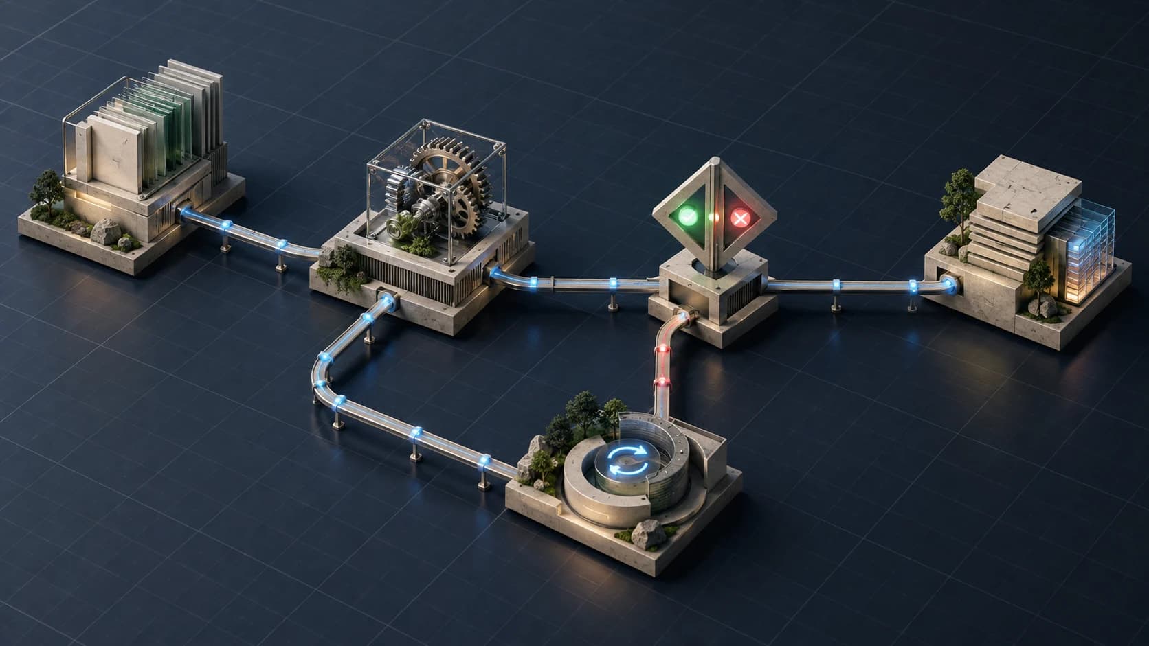 Photorealistic isometric editorial scene: Five system modules connected through an approval gate and recovery path, in pale stone and muted sage on a navy technical grid.