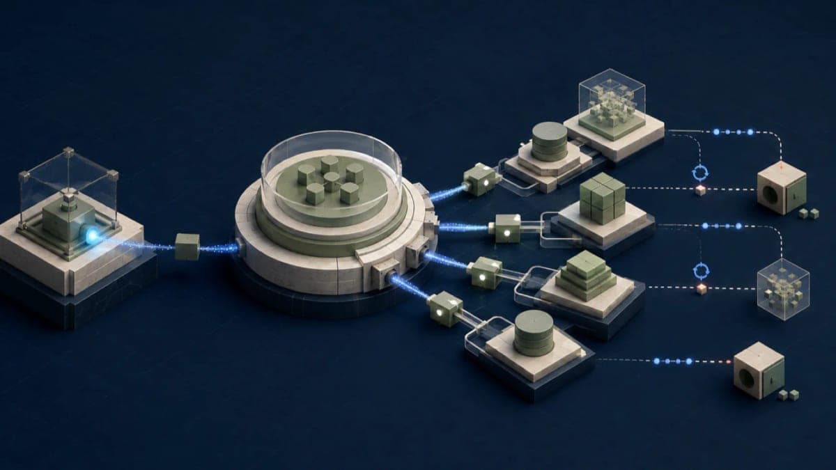 Algoza editorial graphic titled “Event-Driven Architecture: Start With the Business Event”, with a structured system architecture diagram on a deep navy field with sage accents.