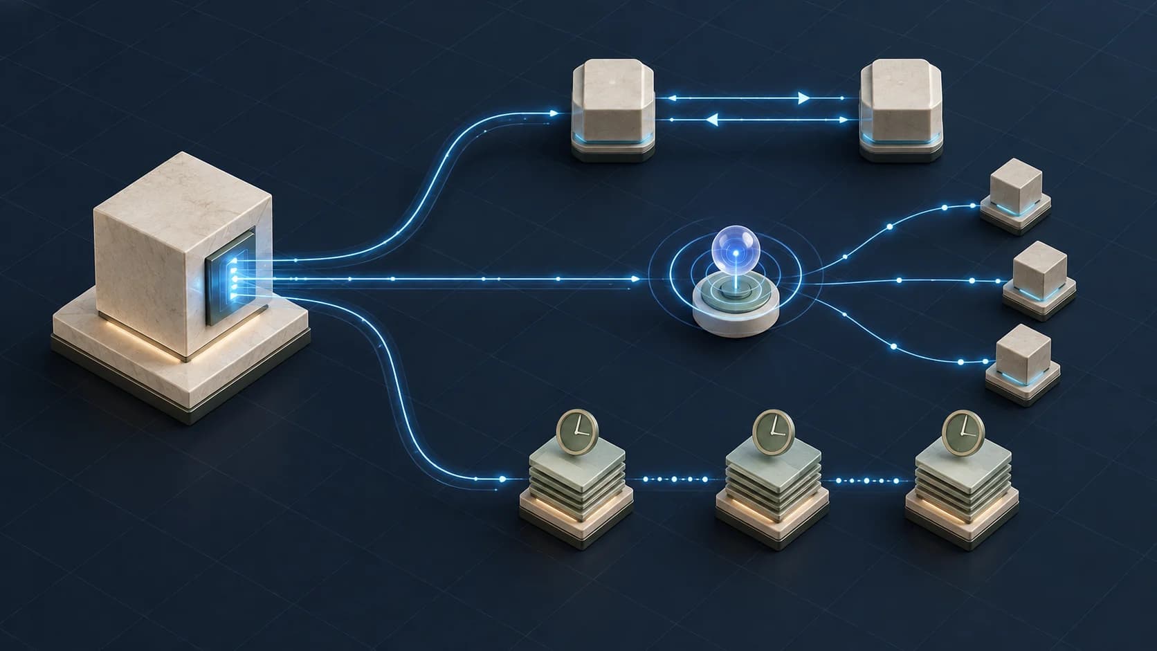 Photorealistic isometric editorial scene: Three integration paths for direct response, event broadcast and timed batch, in pale stone and muted sage on a navy technical grid.
